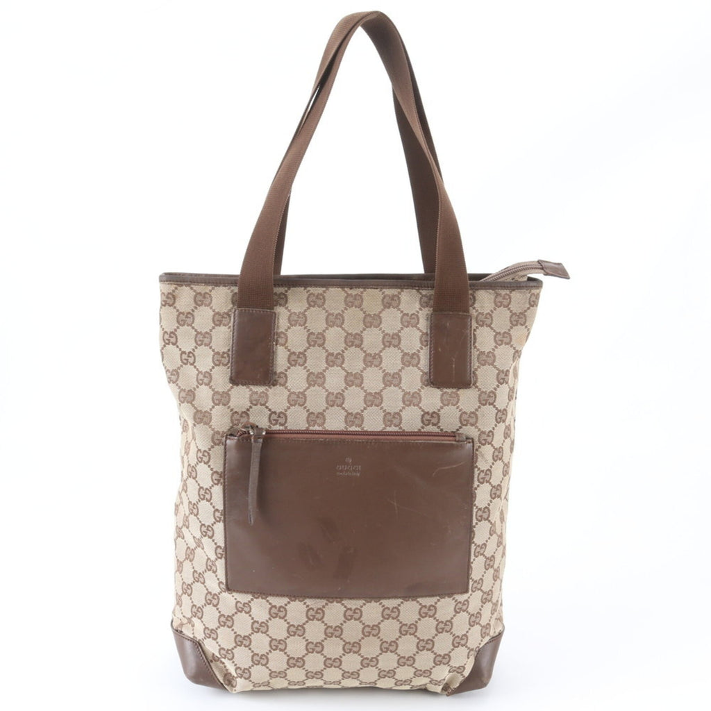 Gucci Beige Brown Leather Canvas Shoulder Bag Tote Bag (Pre-Owned)