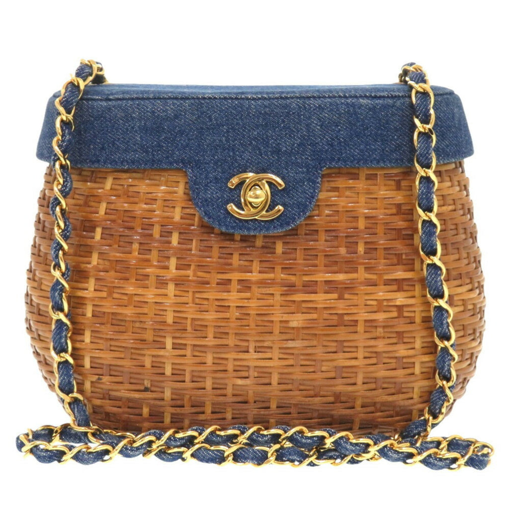 Chanel Navy Straw Leather Shoulder Bag
