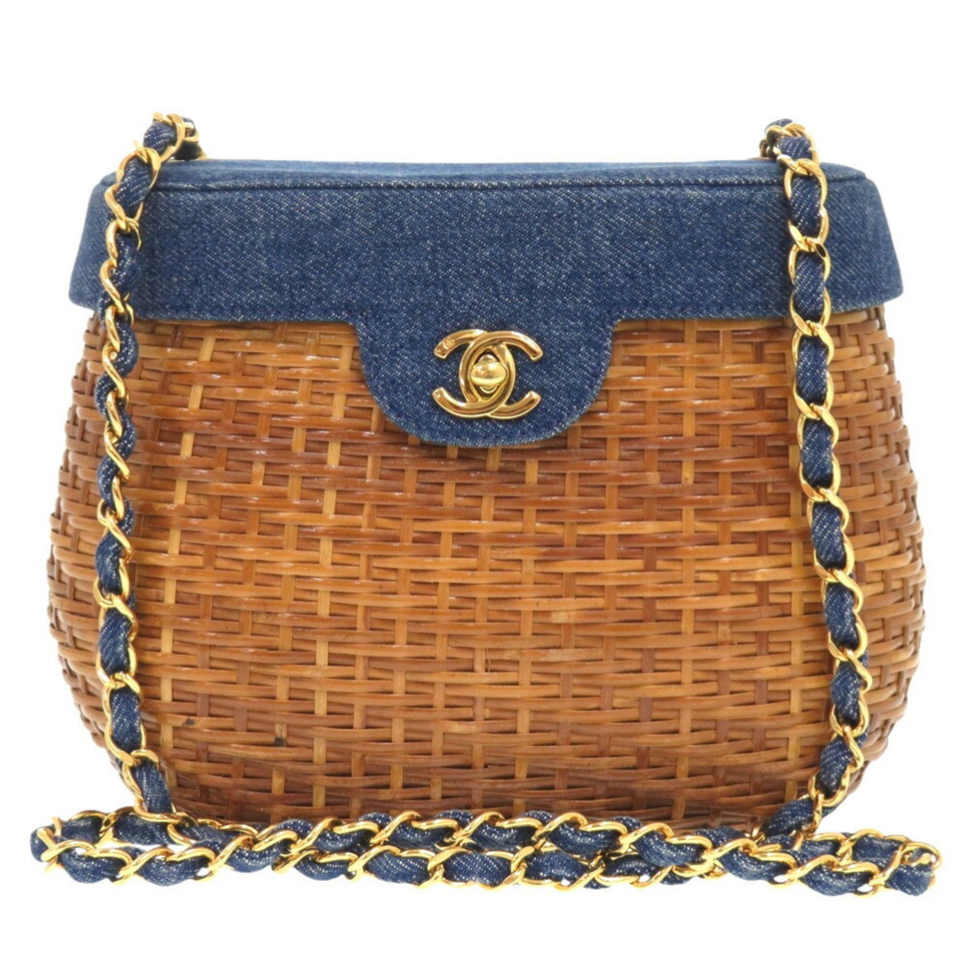 Chanel Navy Straw Leather Shoulder Bag