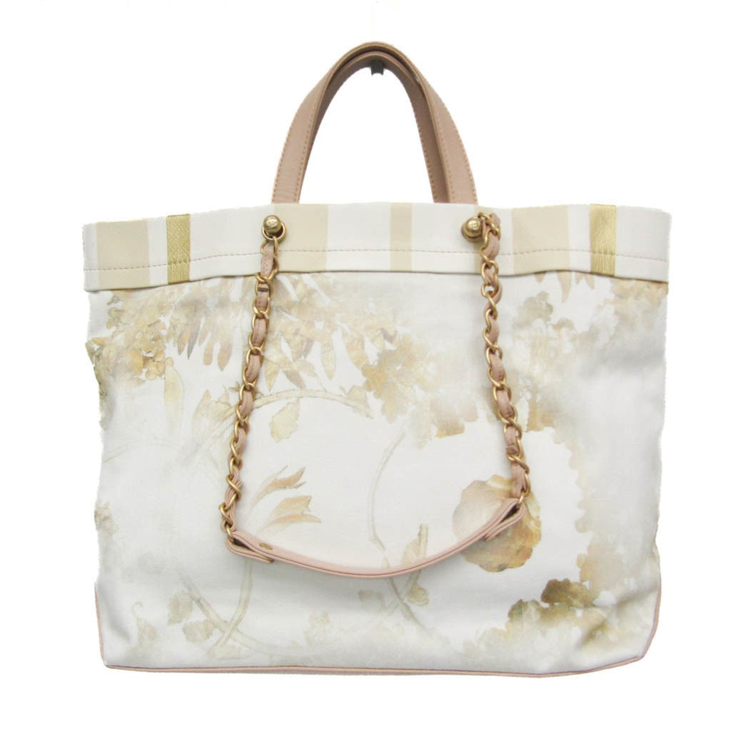 Chanel Multi-Color Pink Beige Canvas Leather Handbag Tote Bag