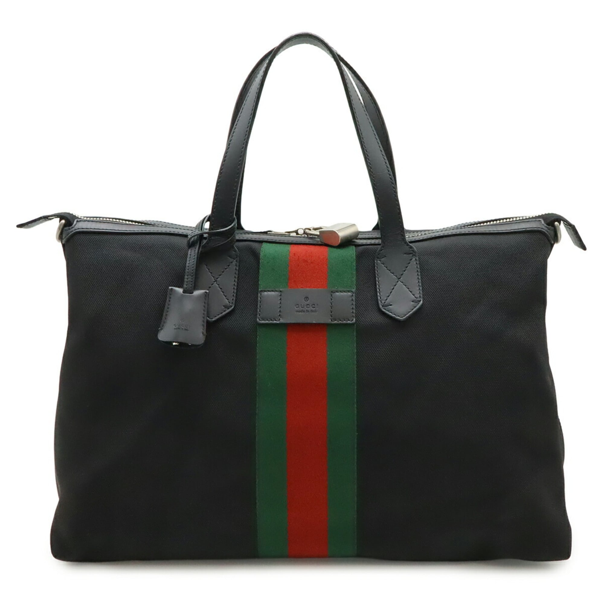 Gucci Black Green Red Color Nylon Canvas Leather Shoulder Bag Tote Bag (Pre-Owned)