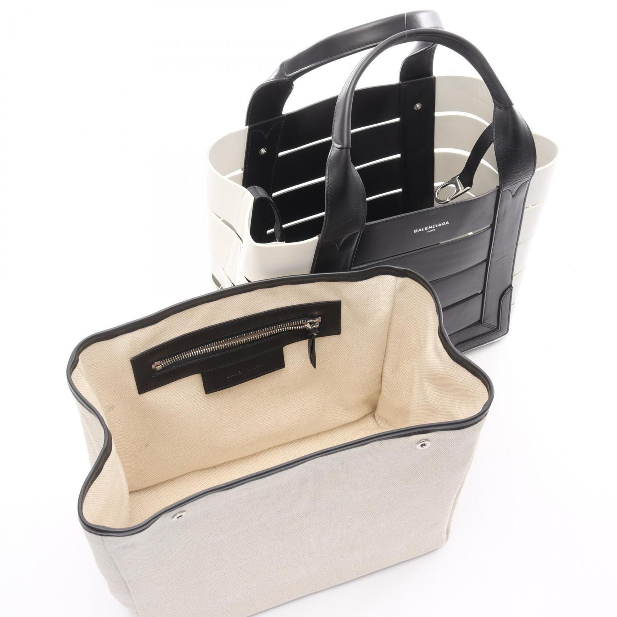 Balenciaga Black White Leather Canvas Handbag Tote