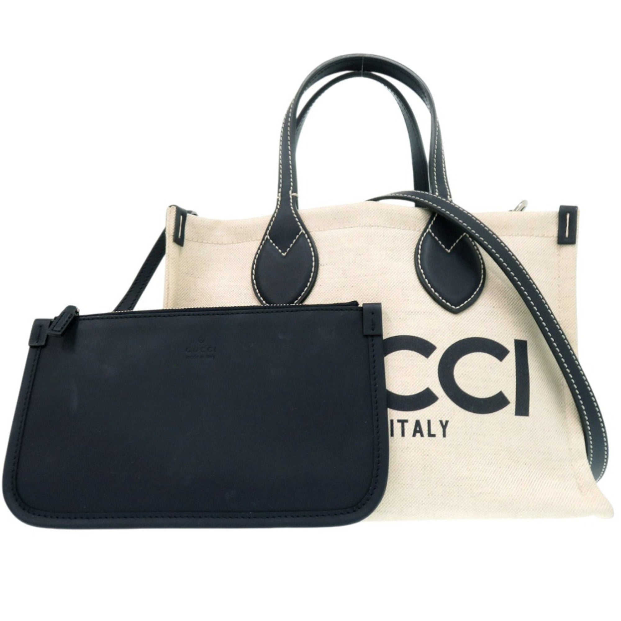 Gucci Navy Canvas Leather Tote Bag (Pre-Owned)