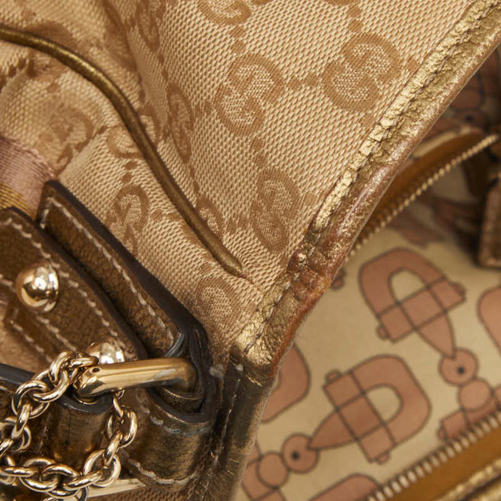 Gucci Beige Gold Pink Canvas Leather Shoulder Bag (Pre-Owned)