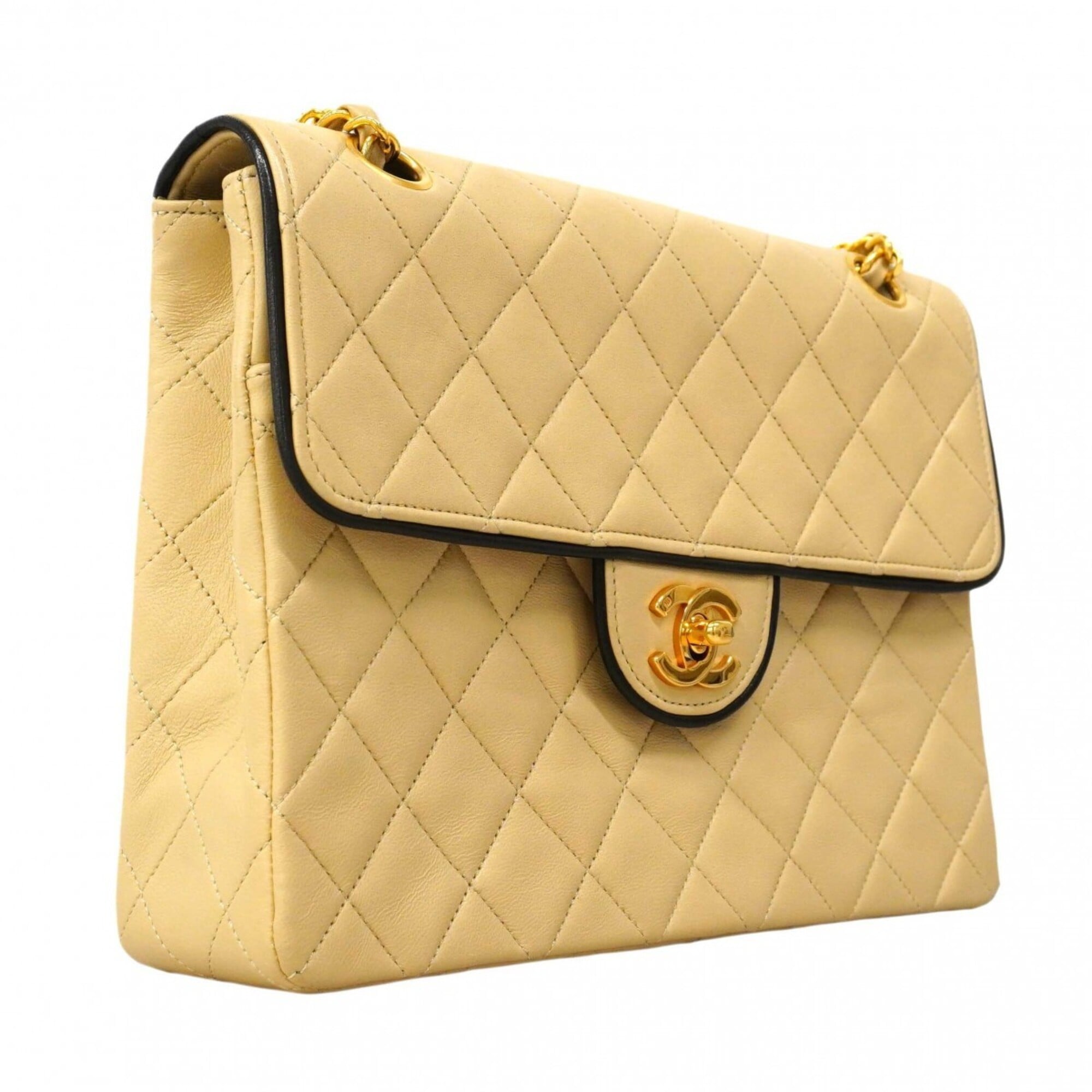 Chanel Beige Black Leather Shoulder Bag