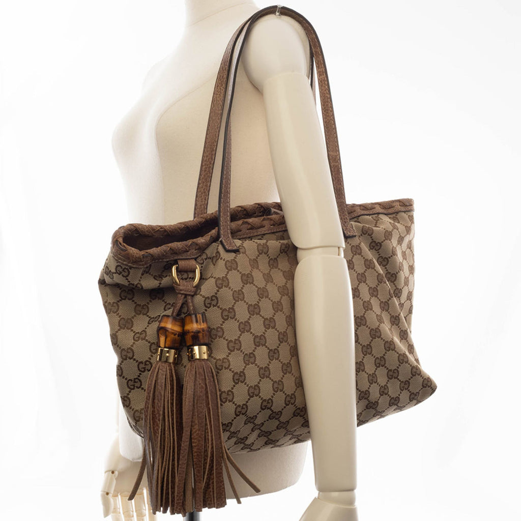 Gucci Gg Canvas Beige Brown Gg Canvas Leather Tote Bag (Pre-Owned)