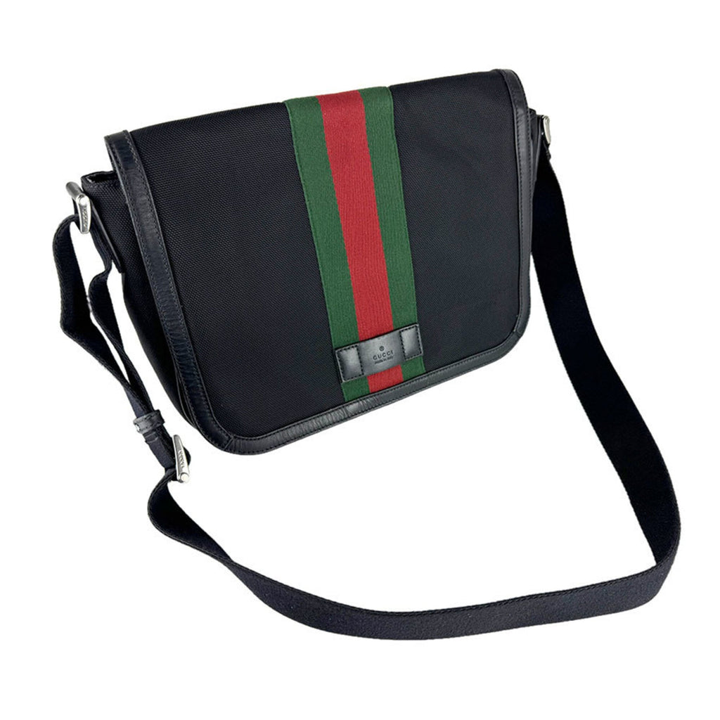 Gucci Black Green Red Color Canvas Messenger Bag Shoulder Bag (Pre-Owned)