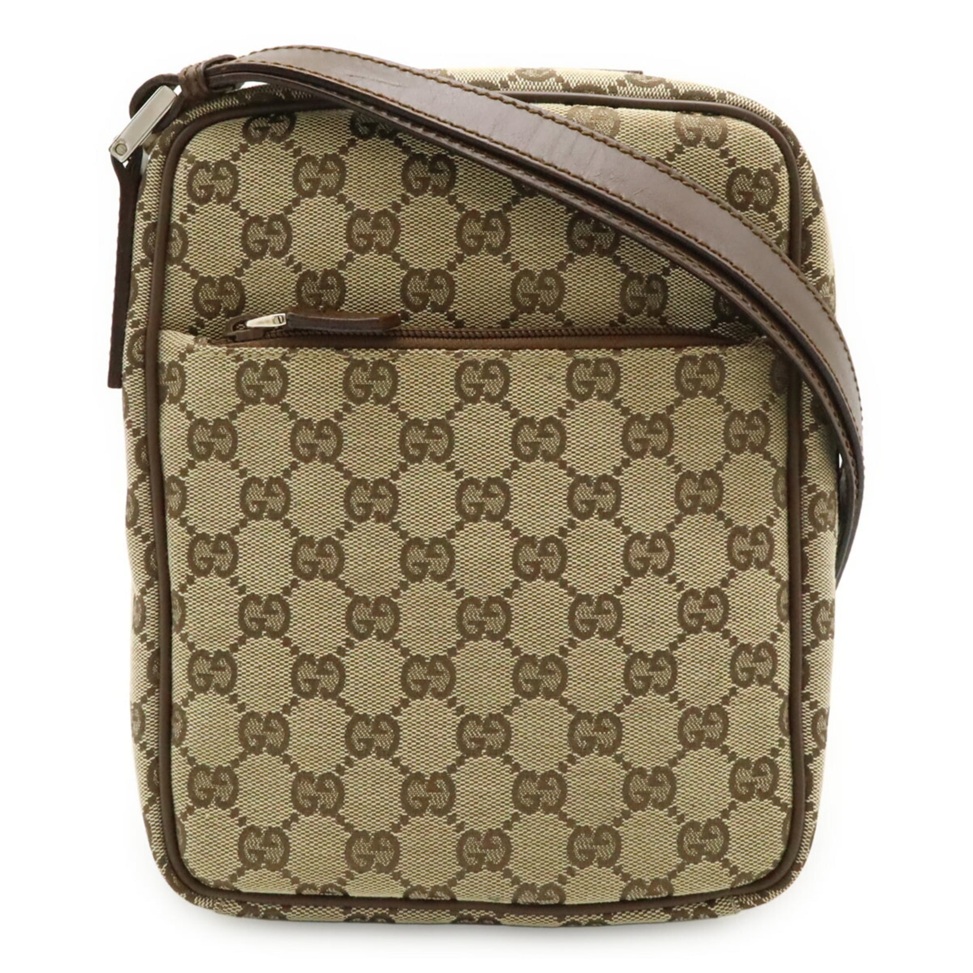 Gucci Gg Canvas Beige Dark Brown Gg Canvas Leather Pochette Shoulder Bag (Pre-Owned)