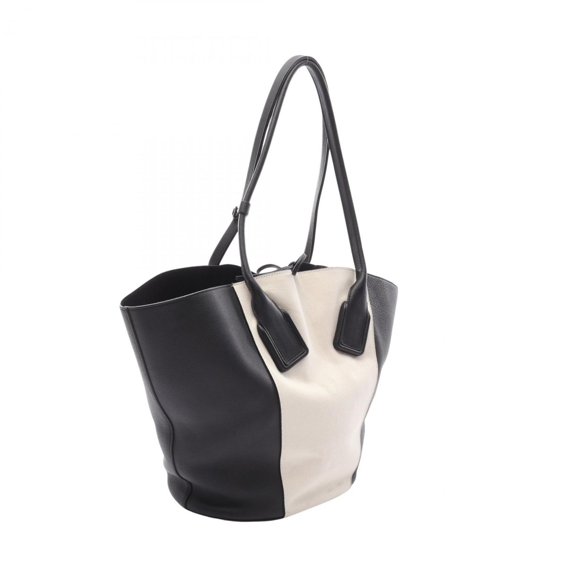 Bottega Veneta Black Ivory Leather Canvas Pouch Tote Bag