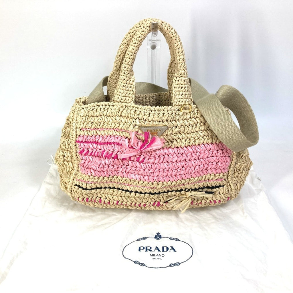 Prada Canapa Beige Pink Raffia Handbag Shoulder Bag