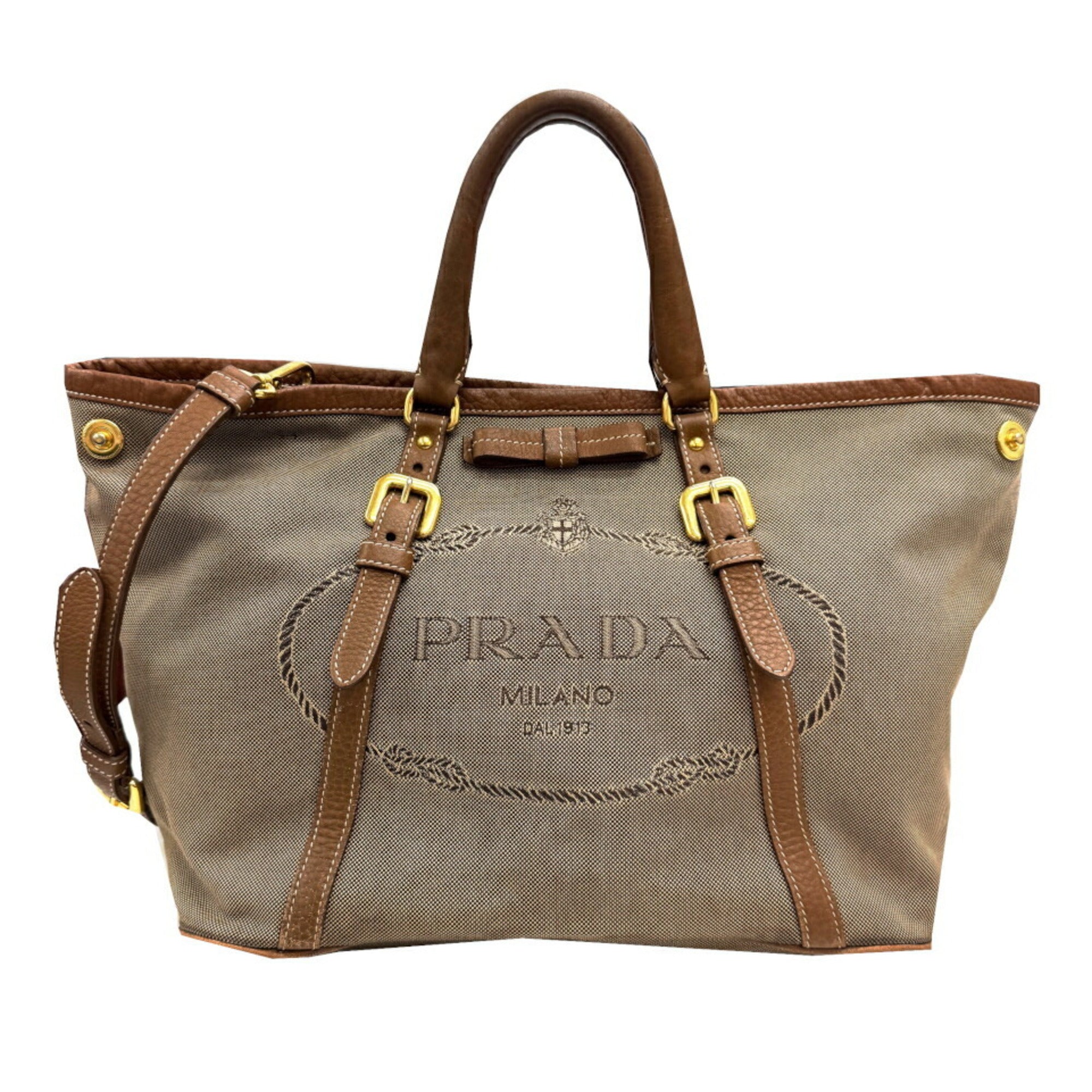 Prada Beige Canvas Leather Shoulder Bag