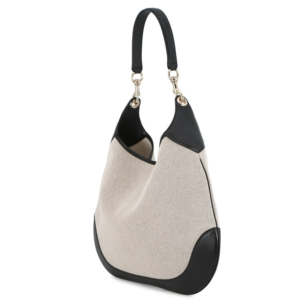 Gucci Beige Black Canvas Leather Handbag Shoulder Bag Tote Bag (Pre-Owned)