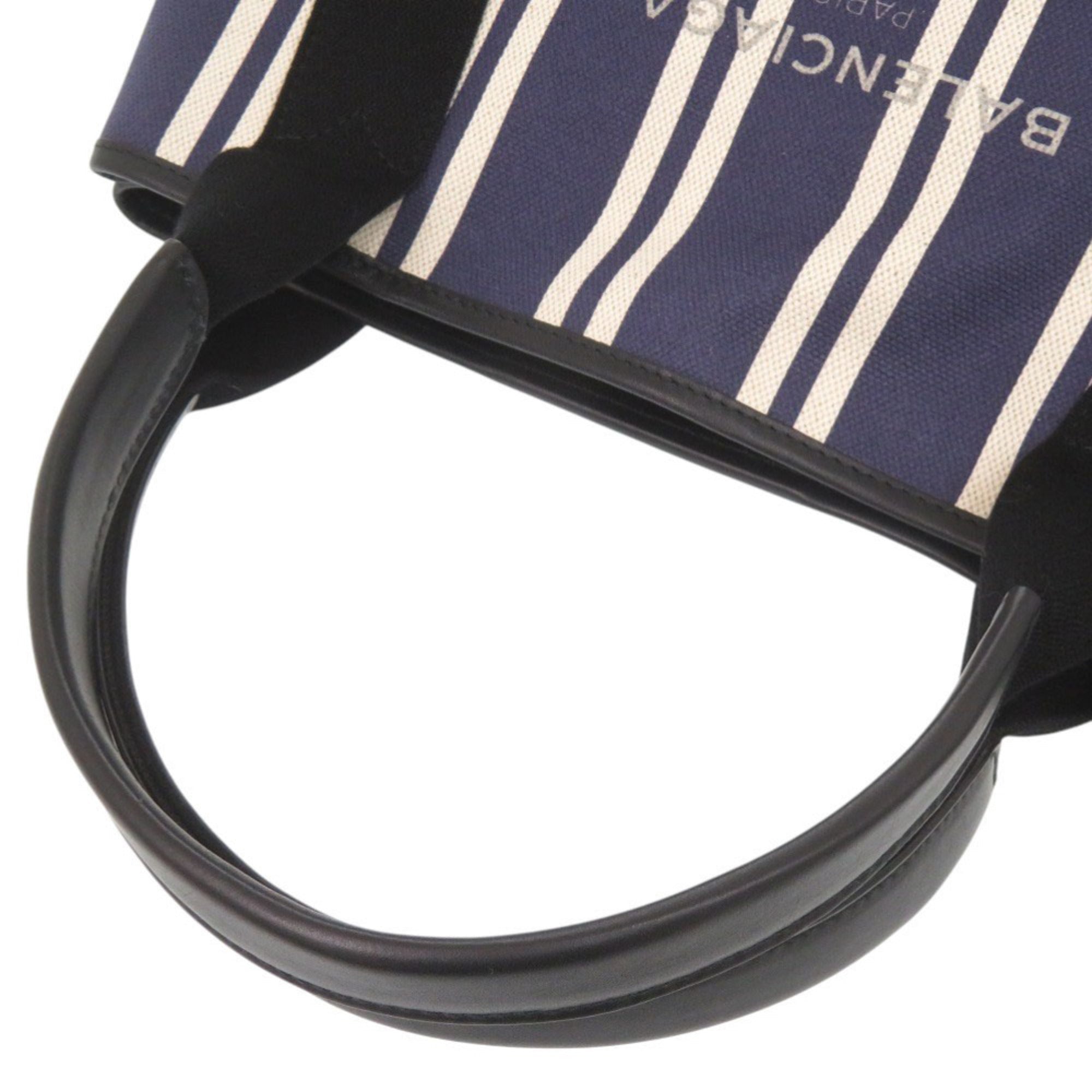 Balenciaga Black Navy White Canvas Leather Handbag Tote