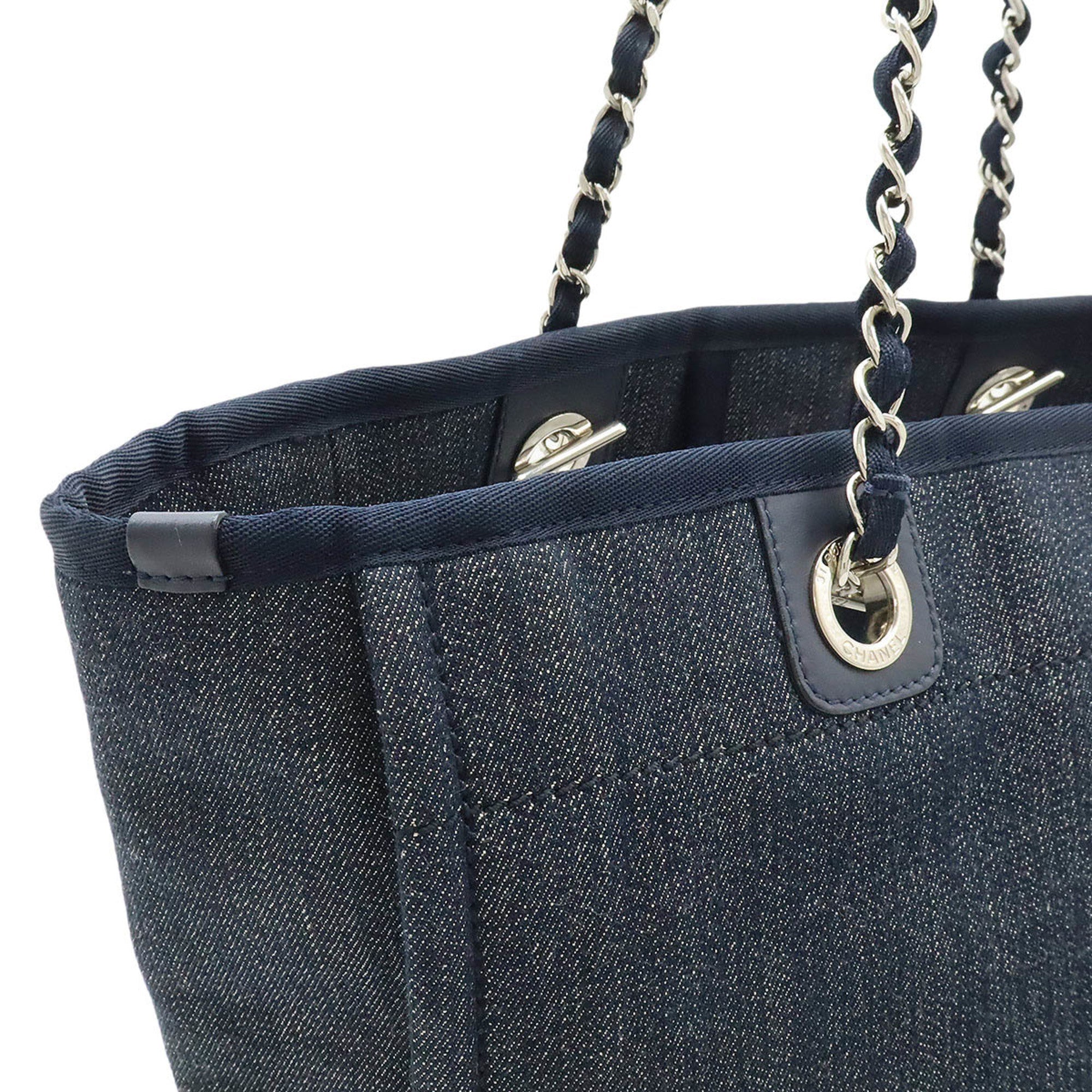 Chanel Navy Denim Leather Shoulder Bag Tote Bag