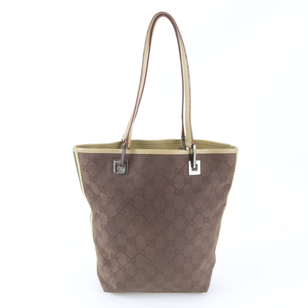 Gucci Beige Brown Leather Canvas Handbag Tote Bag (Pre-Owned)