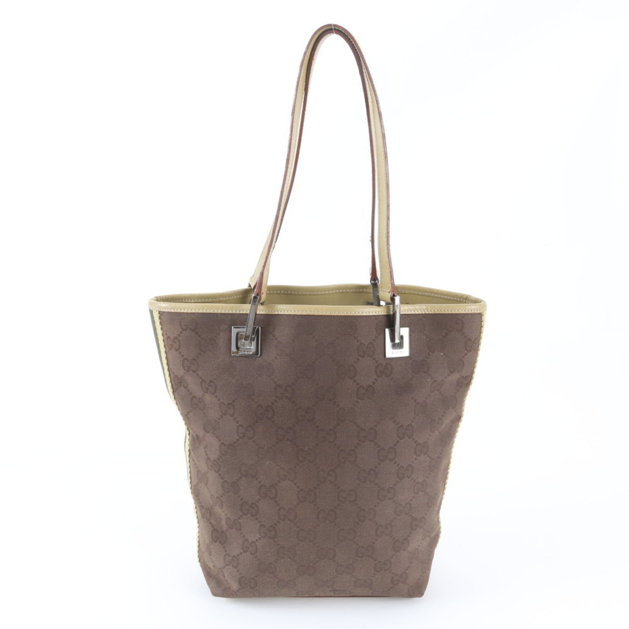 Gucci Beige Brown Leather Canvas Handbag Tote Bag (Pre-Owned)