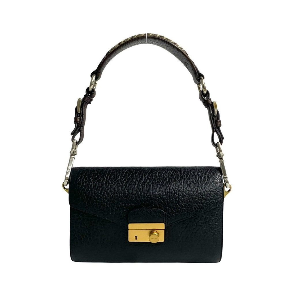 Prada Black Brown Tweed Leather Handbag Shoulder Bag