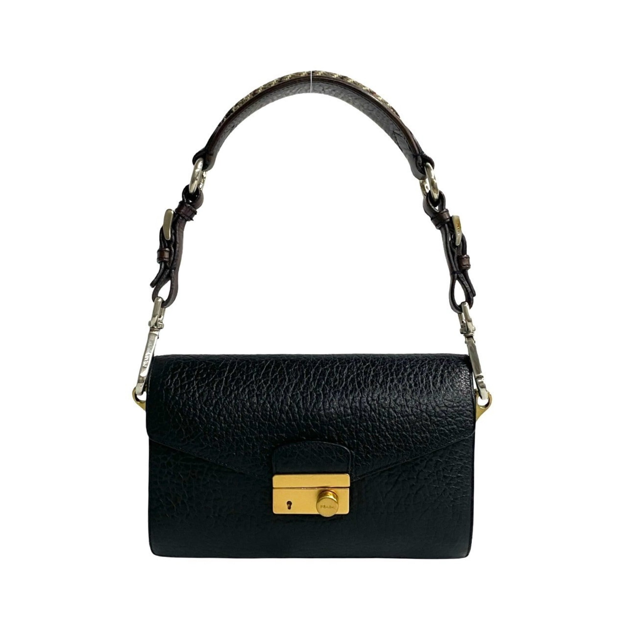 Prada Black Brown Tweed Leather Handbag Shoulder Bag