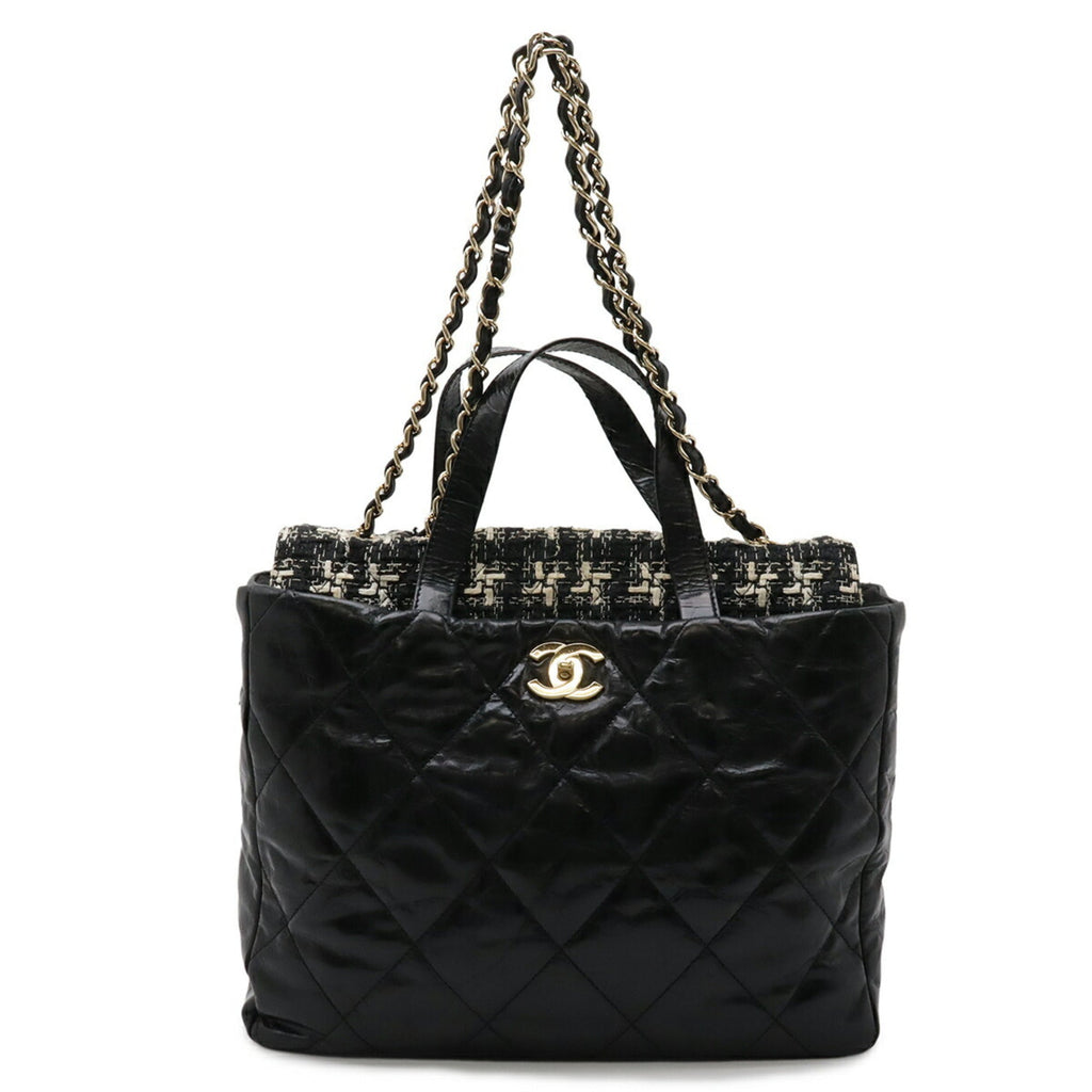 Chanel Black Ivory Leather Tweed Shoulder Bag Tote Bag