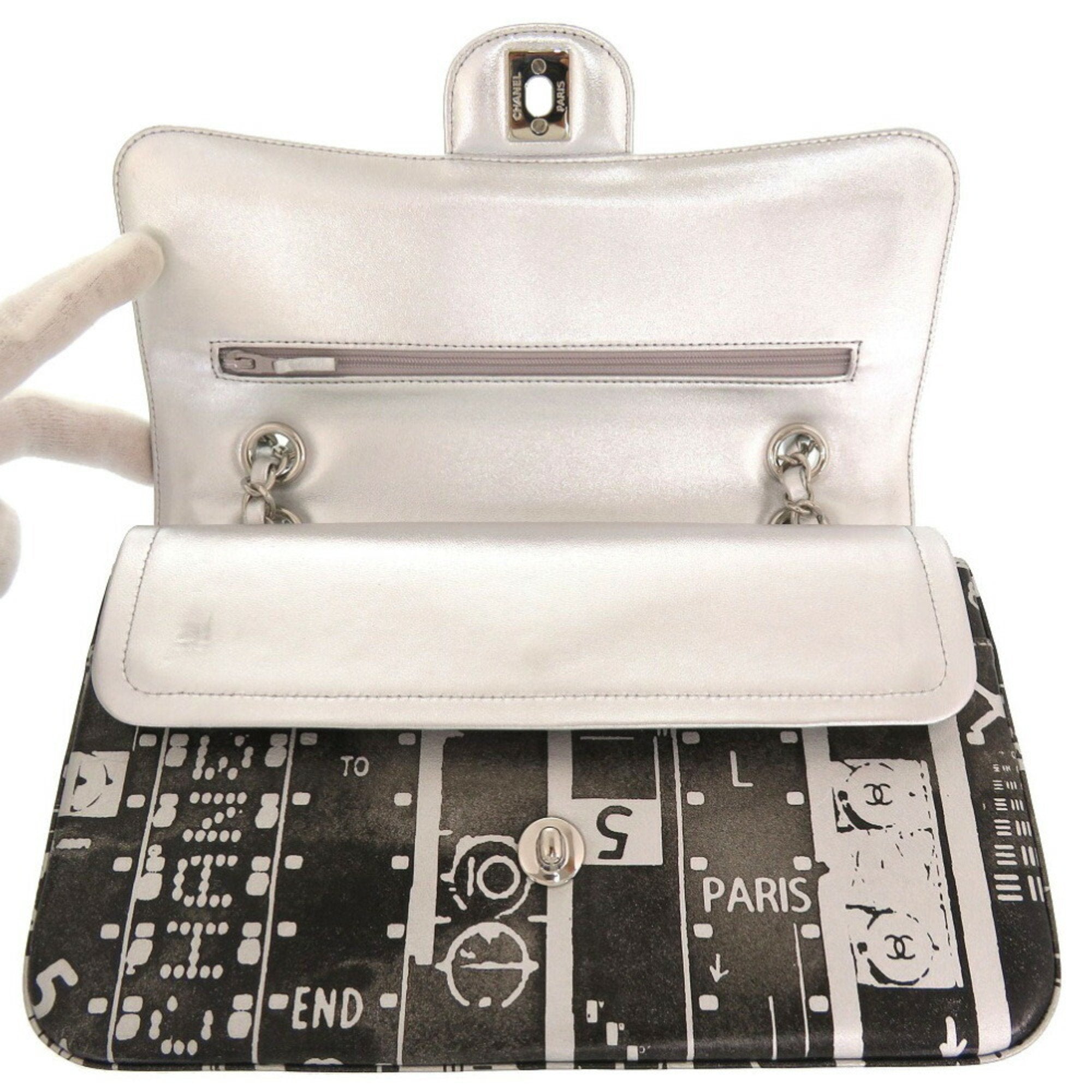 Chanel Black Silver Leather Shoulder Bag