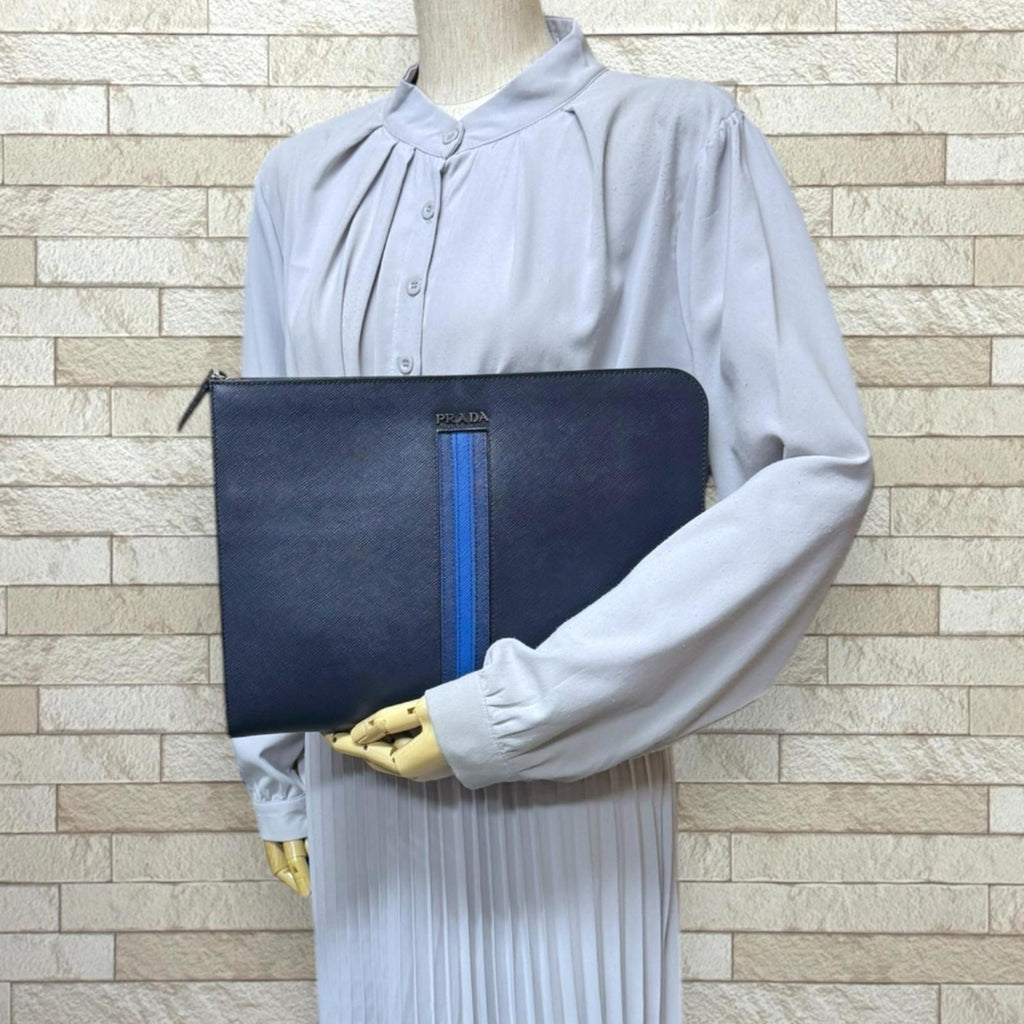 Prada Blue Navy Leather Clutch Bag