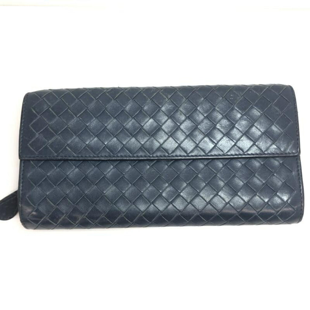 Bottega Veneta Intrecciato Navy Leather Long Wallet (Bi-Fold)