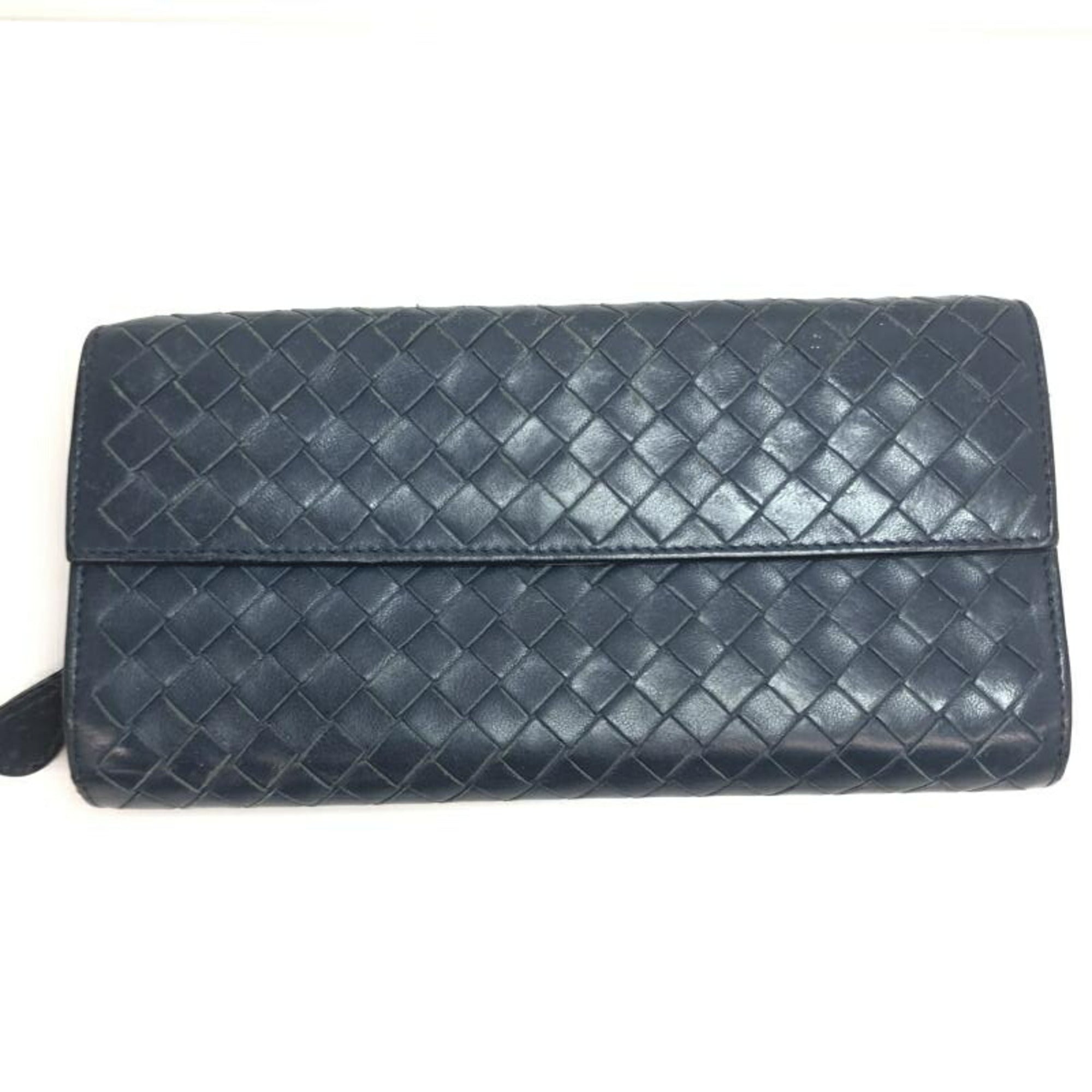 Bottega Veneta Intrecciato Navy Leather Long Wallet (Bi-Fold)