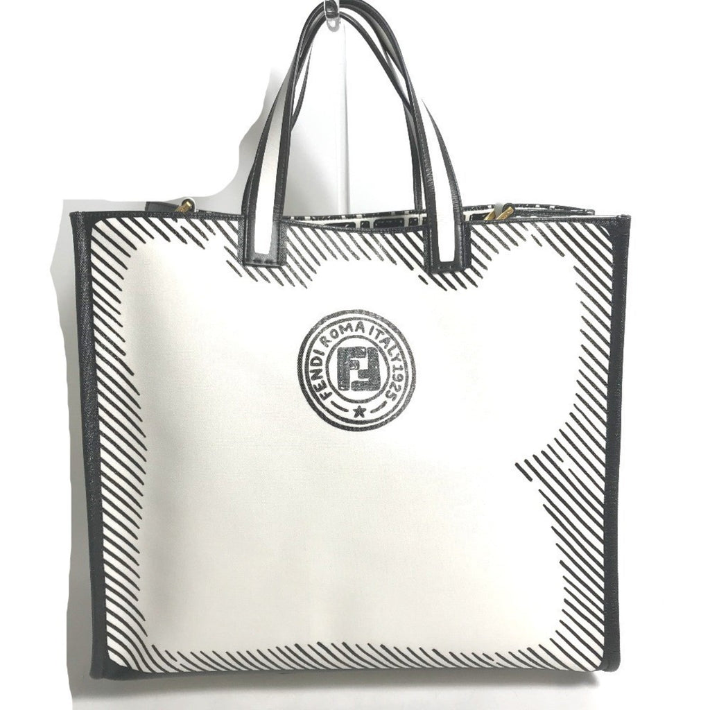 Fendi Black White Coated Canvas Handbag Tote Bag