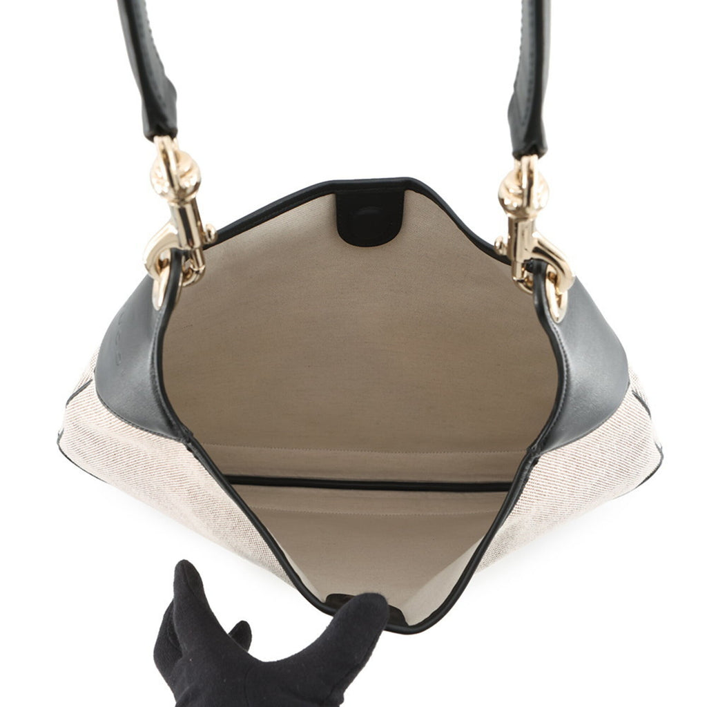 Gucci Beige Black Canvas Leather Handbag Shoulder Bag Tote Bag (Pre-Owned)