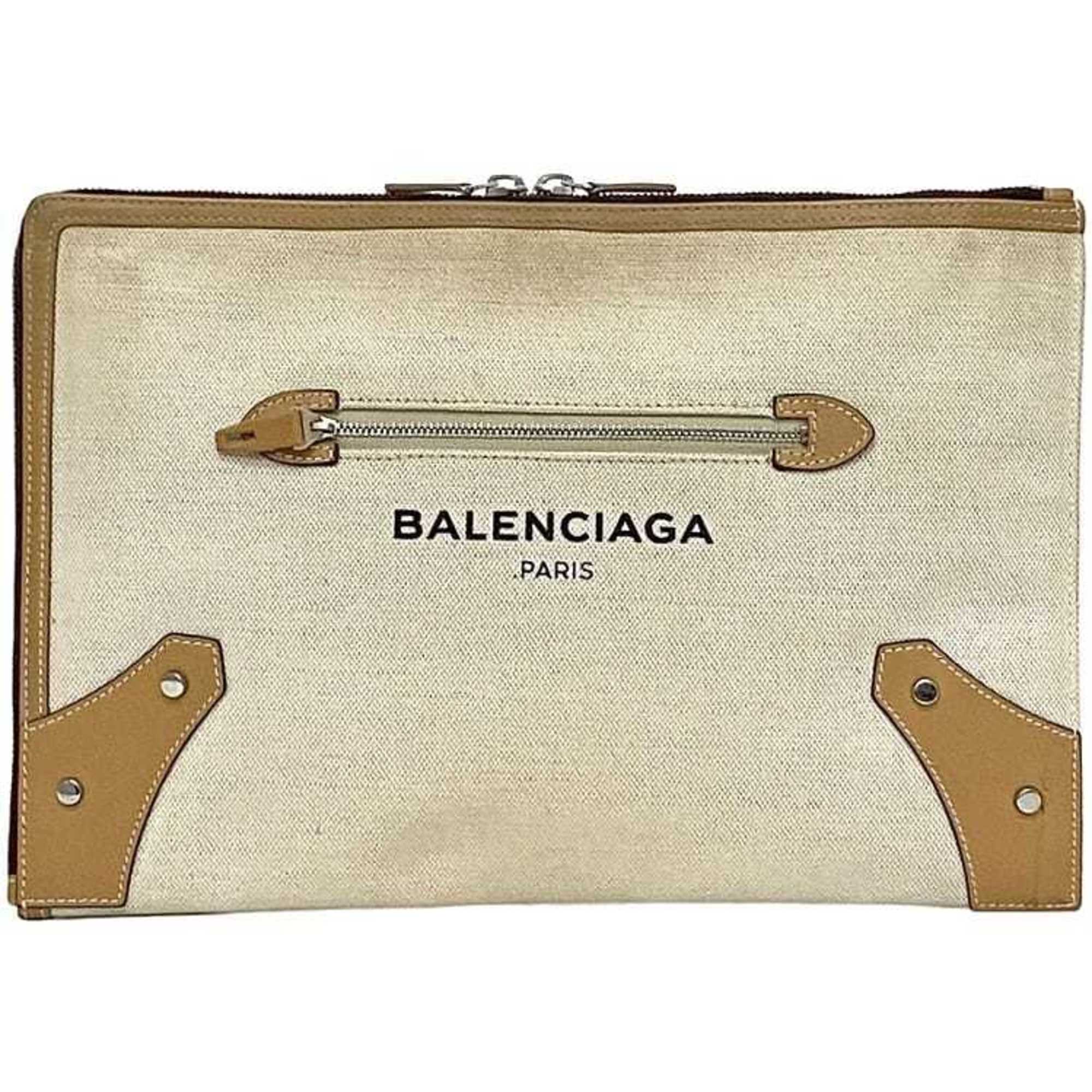 Balenciaga Beige White Canvas Leather Clutch Bag Hand