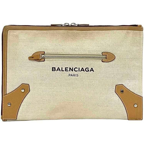 Balenciaga Beige White Canvas Leather Clutch Bag Hand