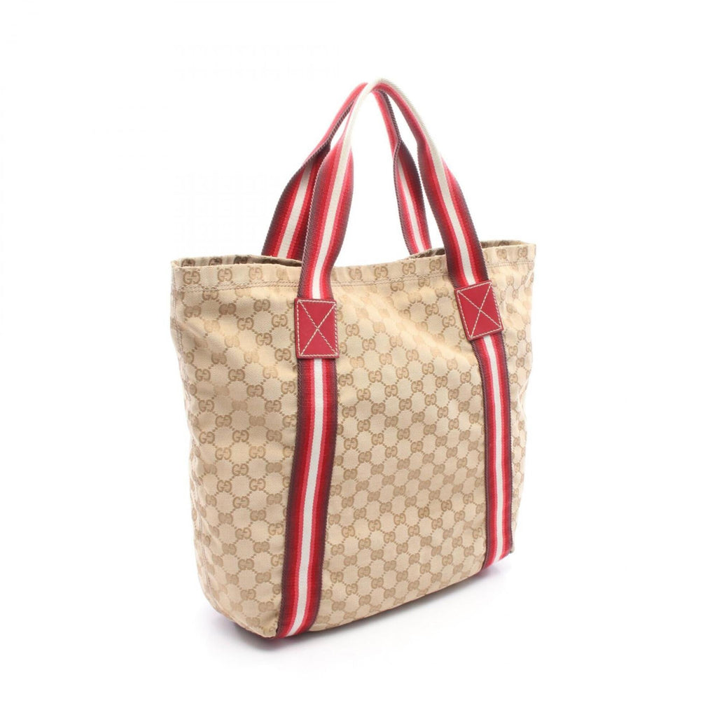 Gucci Beige Multi-Color Red Color Canvas Leather Handbag Tote Bag (Pre-Owned)