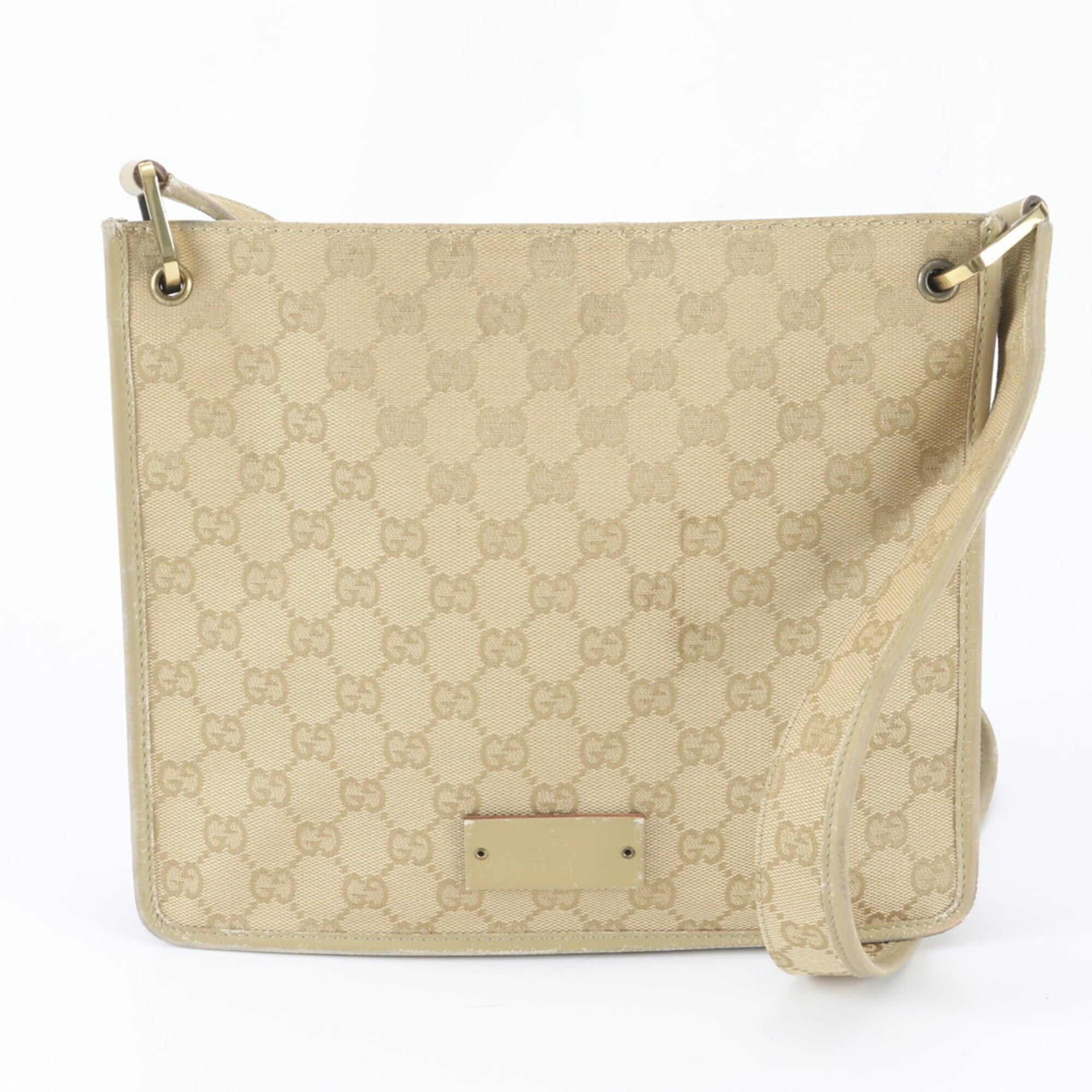 Gucci Beige Leather Canvas Messenger Bag Shoulder Bag (Pre-Owned)