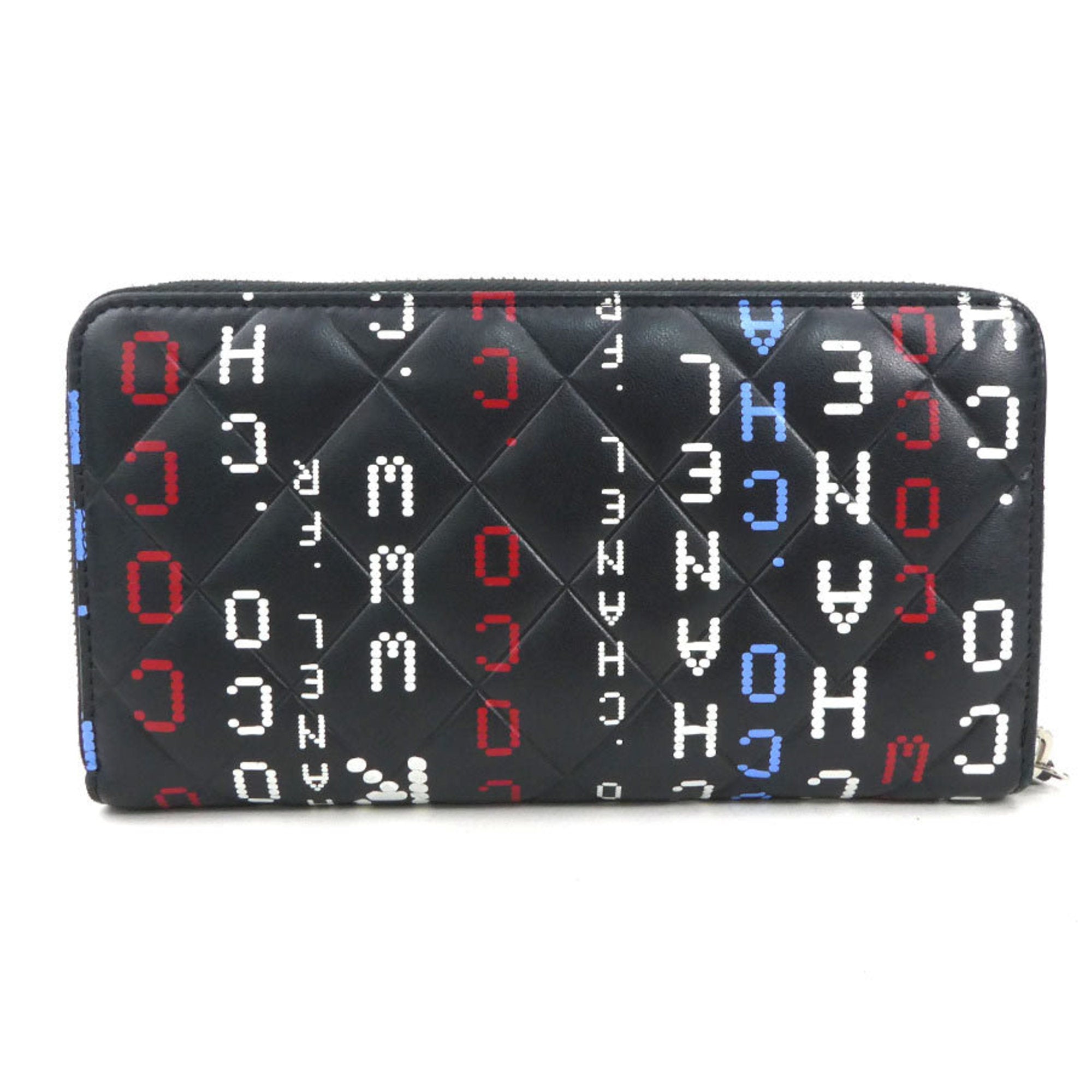 Chanel Black Blue Red Color White Leather Long Wallet (Bi-Fold)