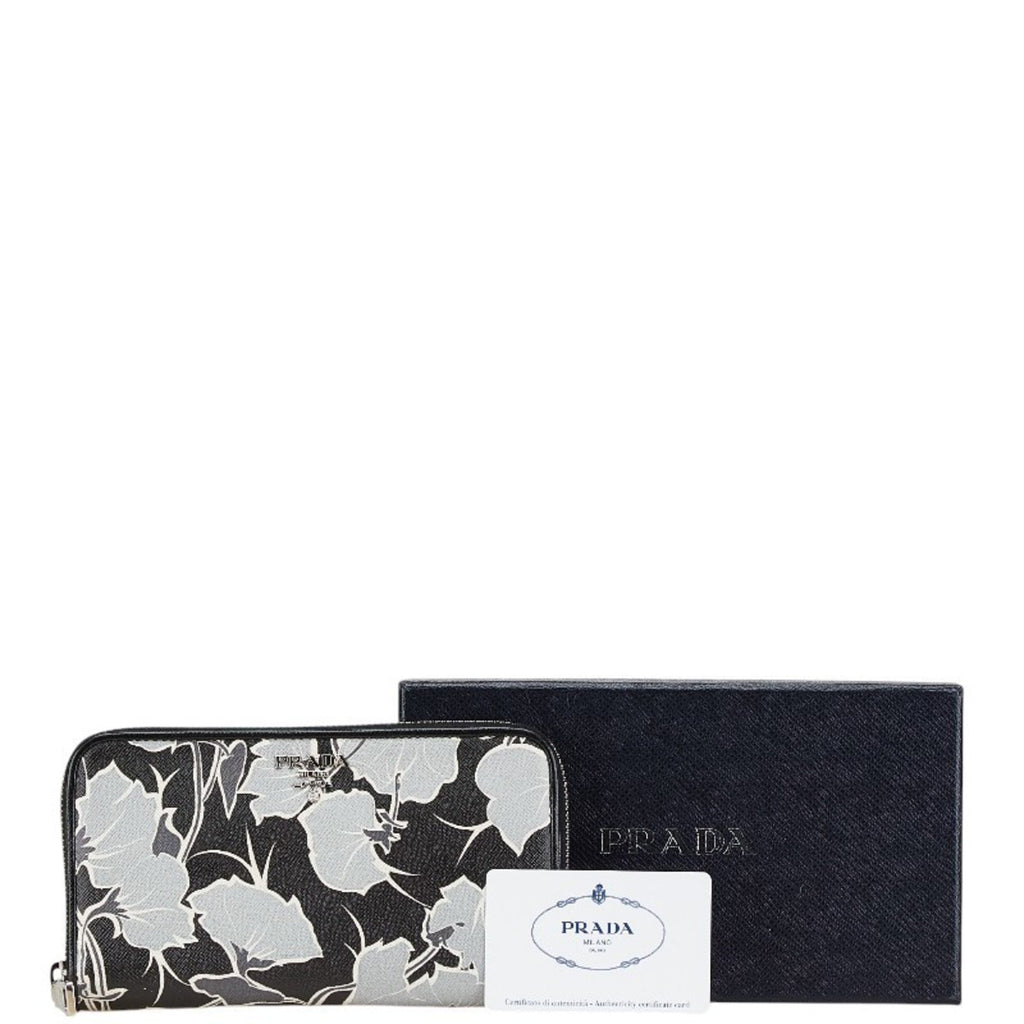 Prada Saffiano Black Gray Leather Long Wallet (Bi-Fold)