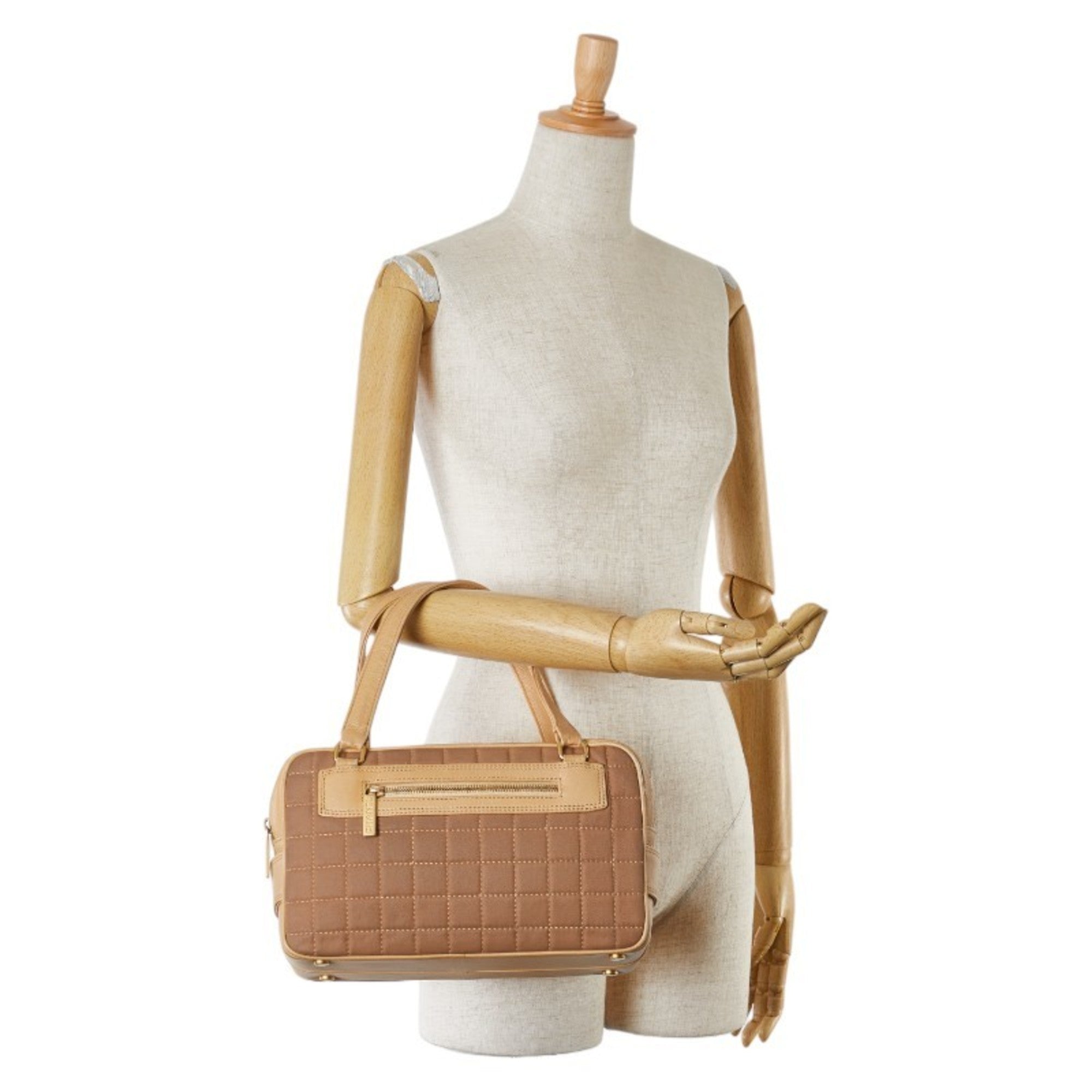Chanel Beige Brown Canvas Leather Handbag