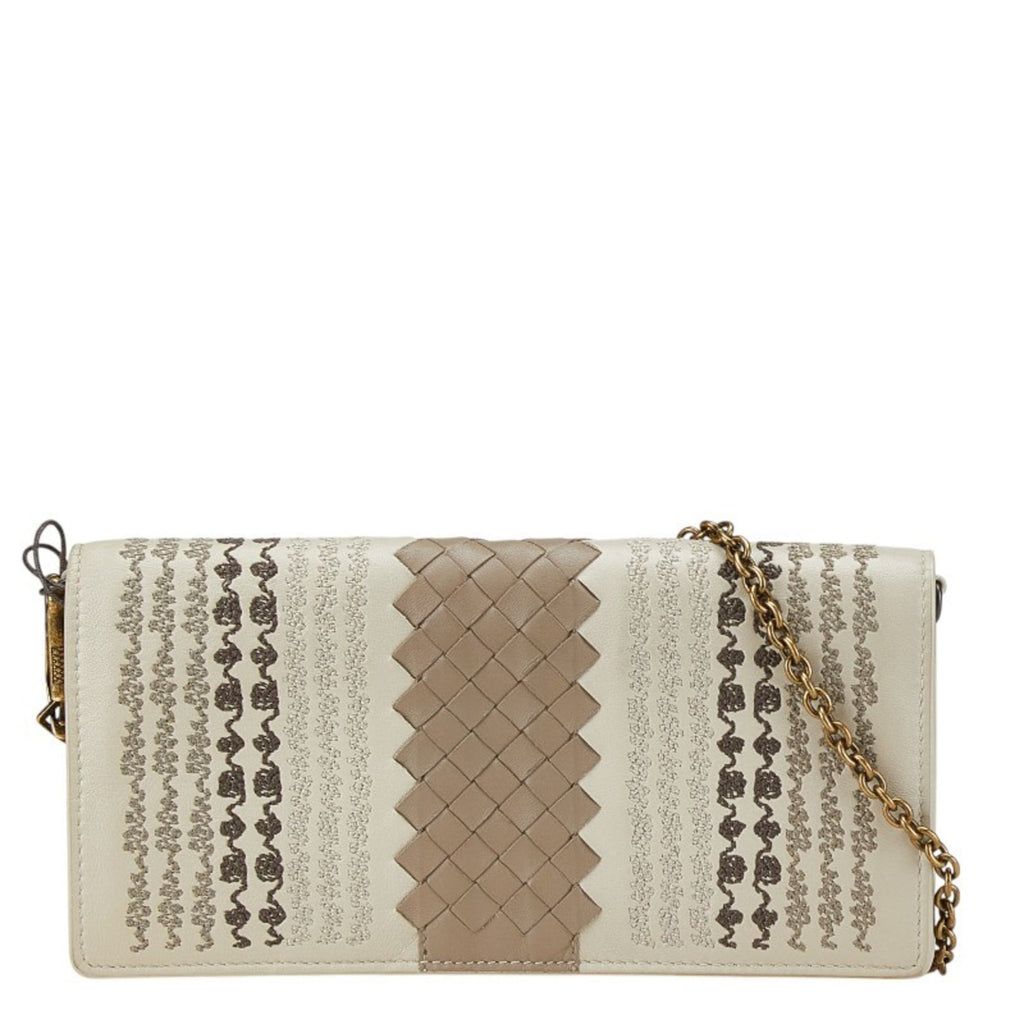 Bottega Veneta Intrecciato Beige Brown Leather Chain/Shoulder Wallet