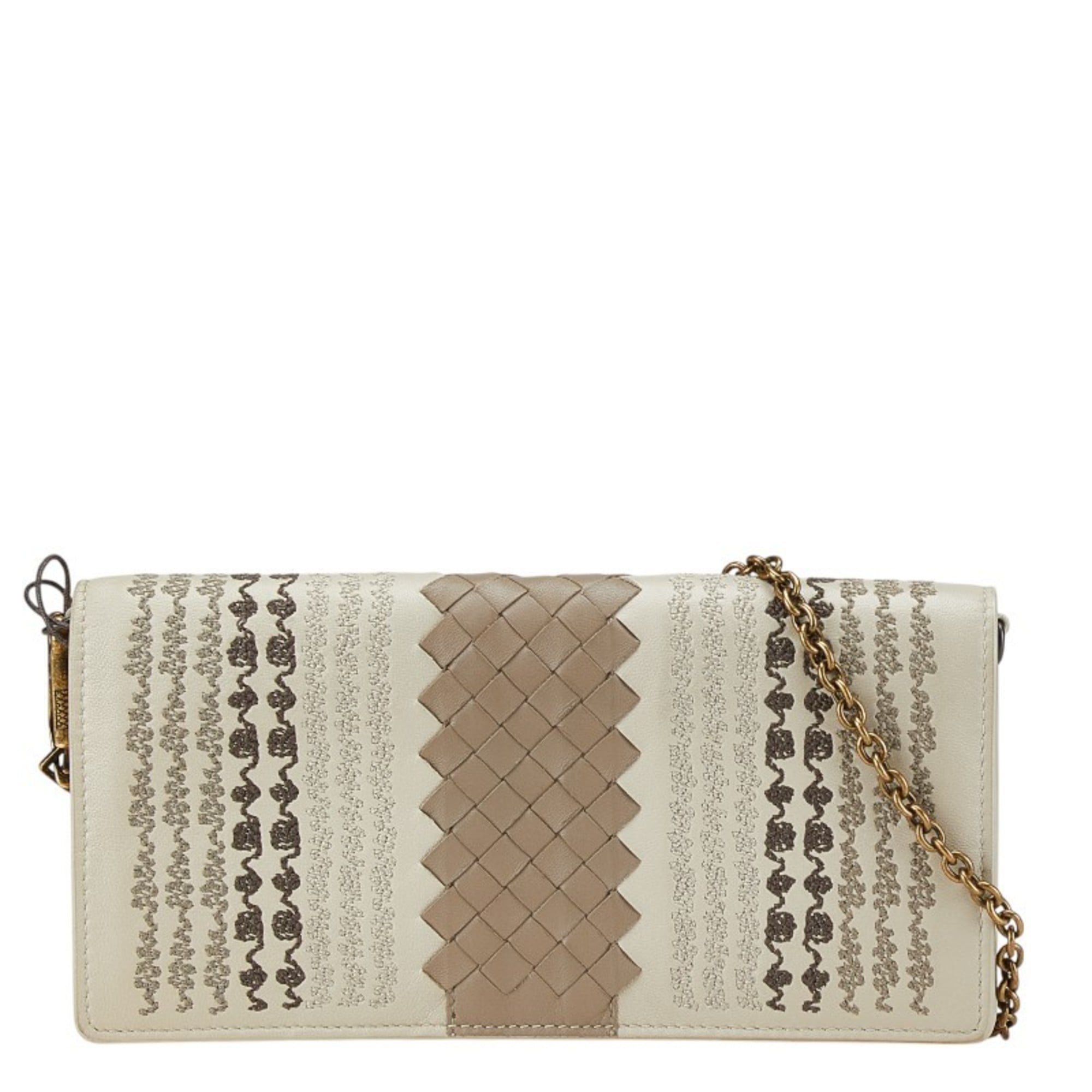 Bottega Veneta Intrecciato Beige Brown Leather Chain/Shoulder Wallet