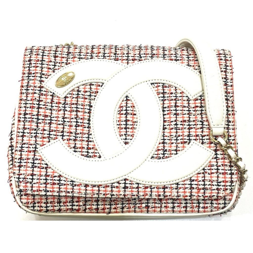 Chanel Red Color White Tweed Leather Pochette Shoulder Bag