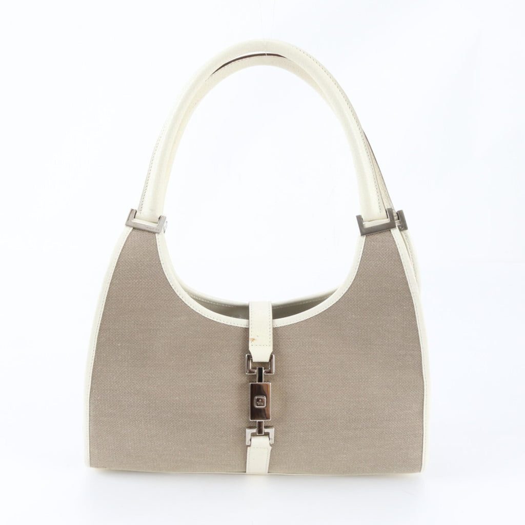 Gucci Jackie Beige White Leather Canvas Handbag (Pre-Owned)