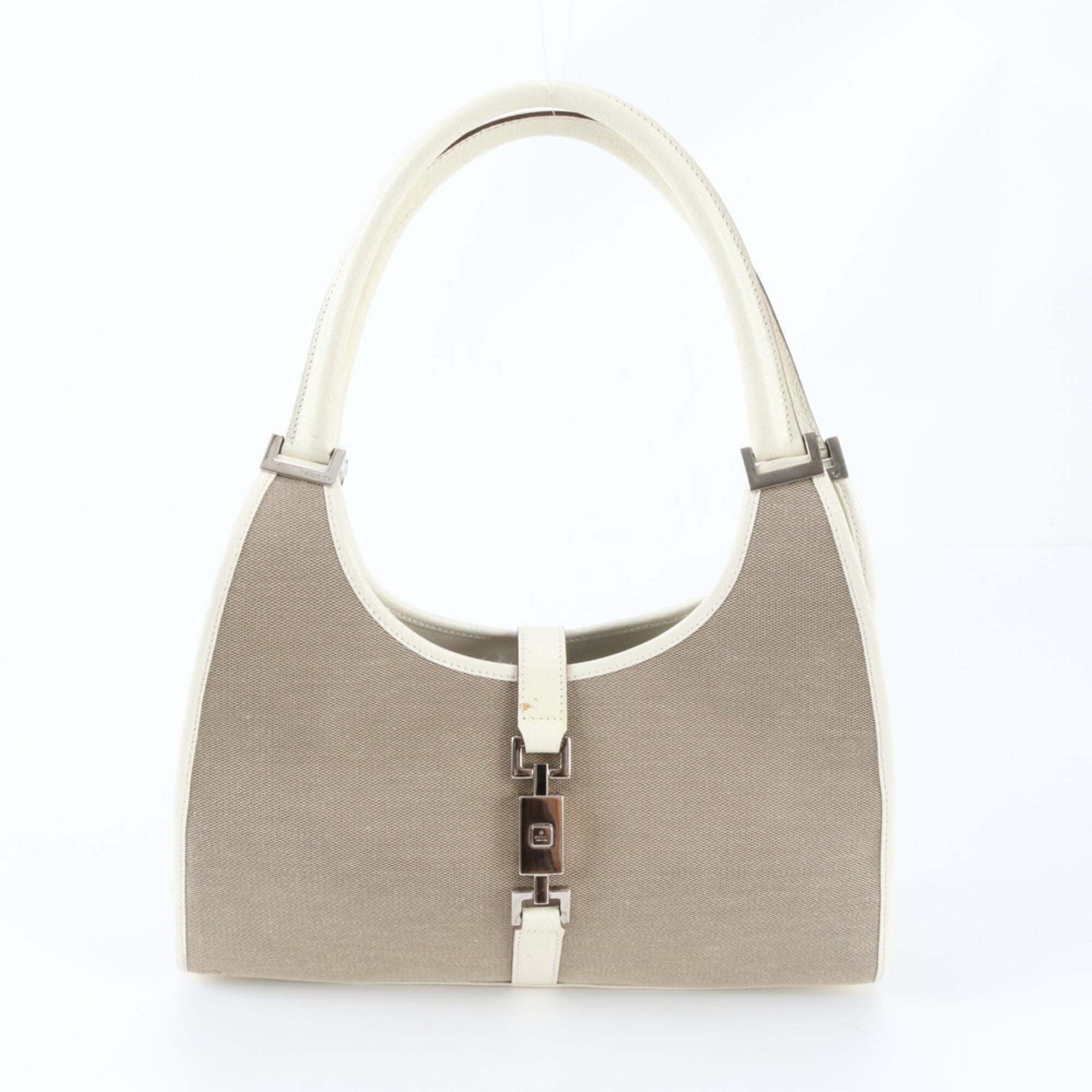 Gucci Jackie Beige White Leather Canvas Handbag (Pre-Owned)