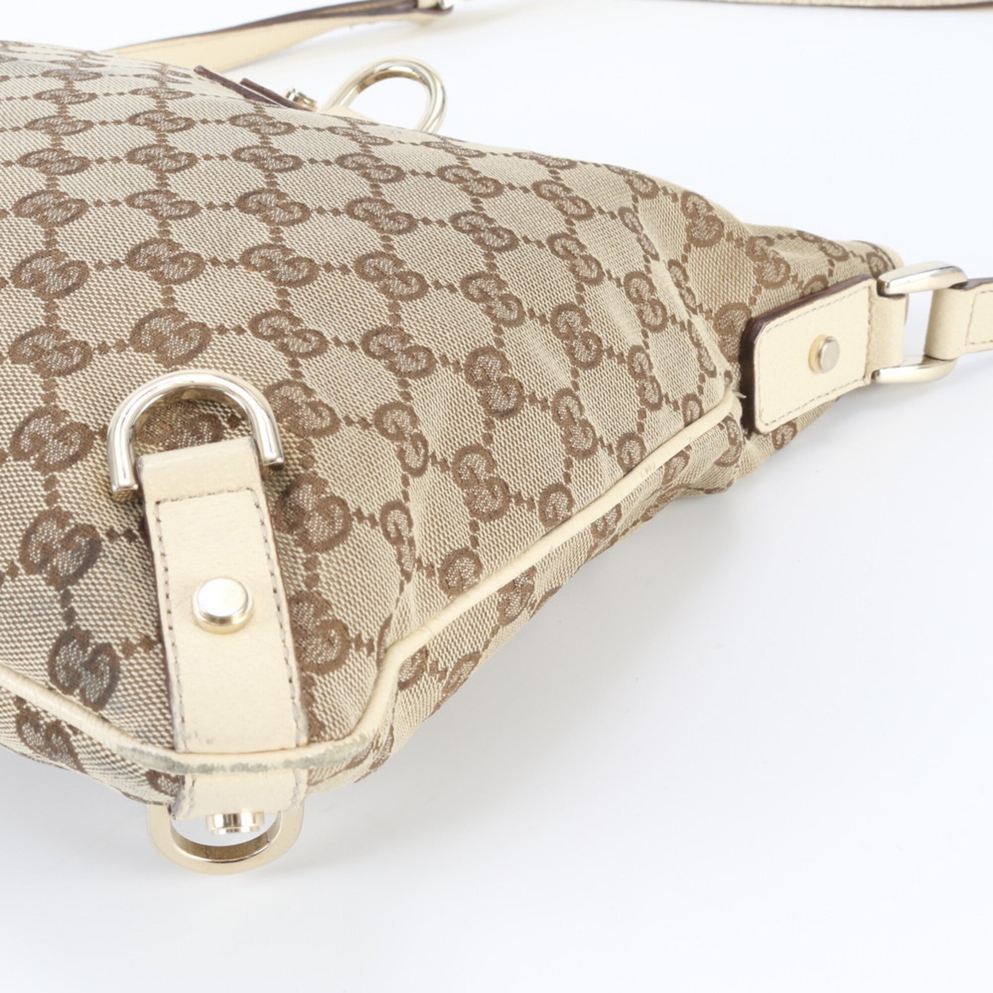 Gucci Beige White Leather Canvas Handbag Shoulder Bag Tote Bag (Pre-Owned)