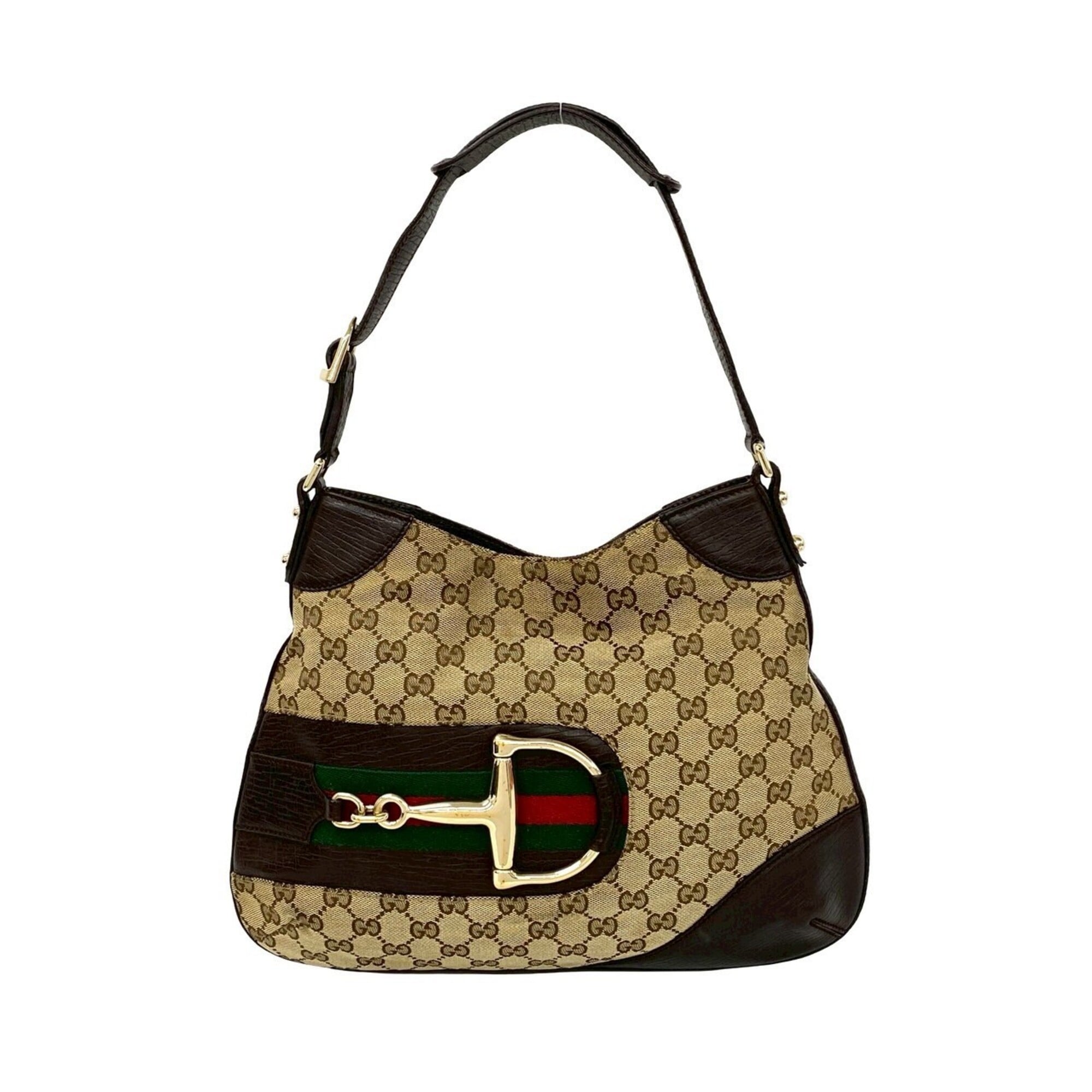 Gucci Brown Green Red Color Canvas Leather Shoulder Bag (Pre-Owned)