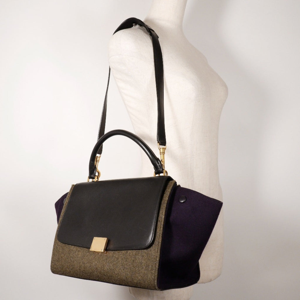 Celine Trapeze Black Gray Felt Leather Handbag