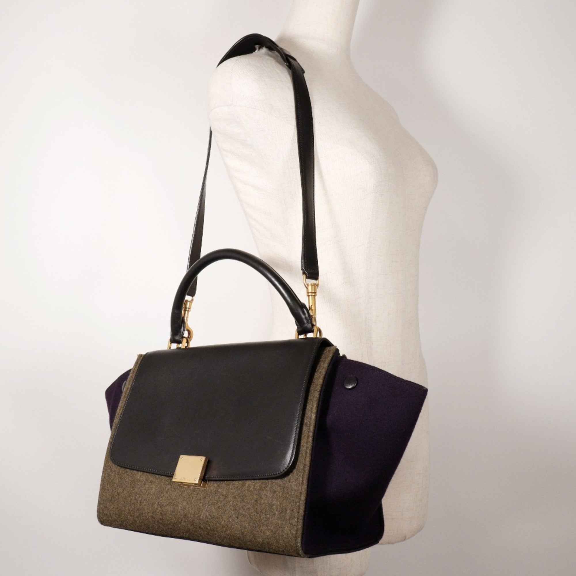 Celine Trapeze Black Gray Felt Leather Handbag