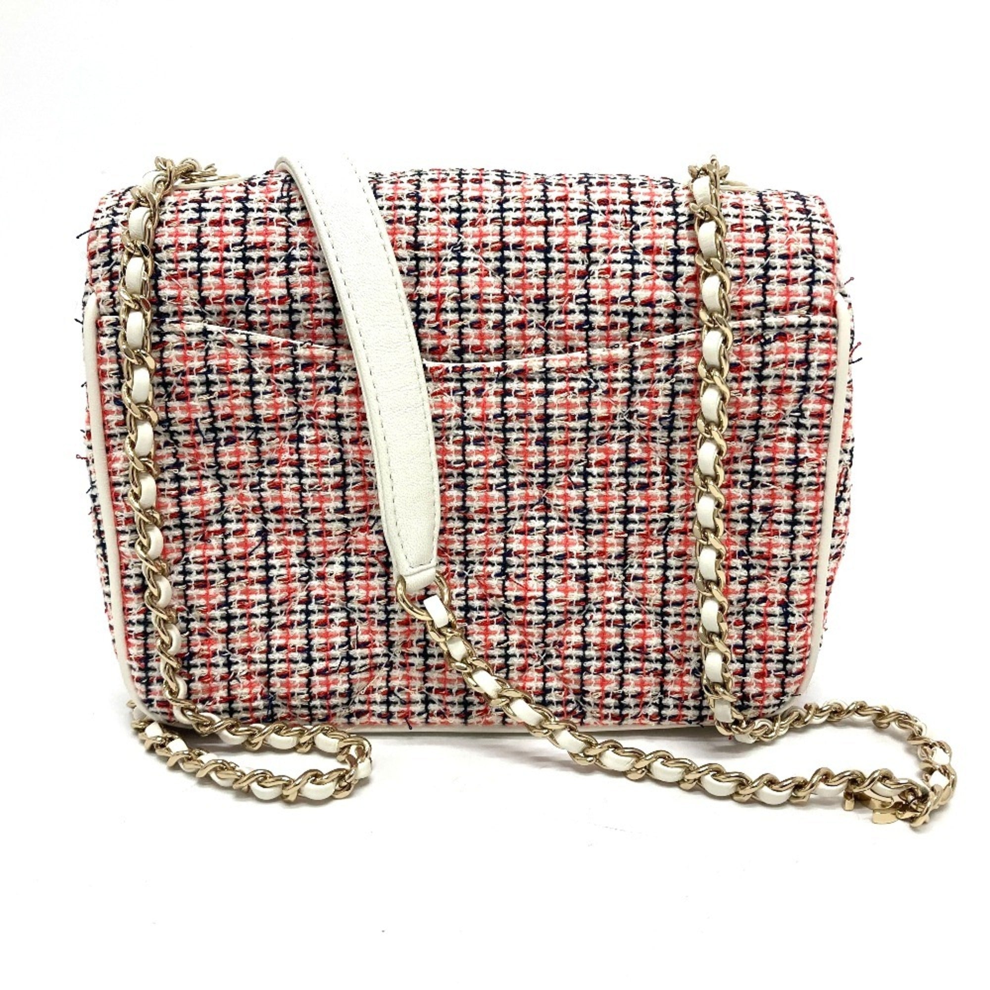 Chanel Red Color White Tweed Leather Pochette Shoulder Bag