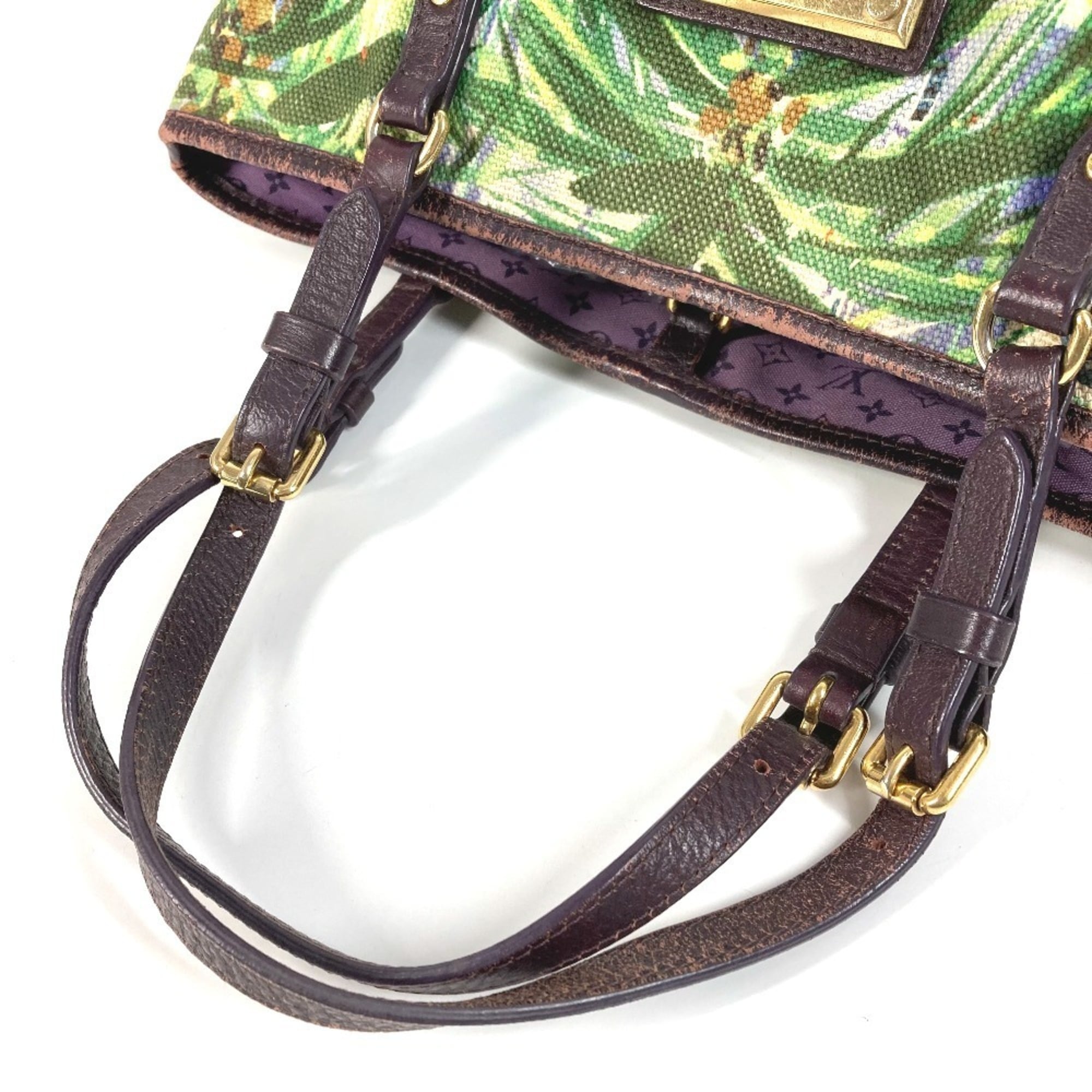 Louis Vuitton Green Leather Canvas Shoulder Bag Tote Bag