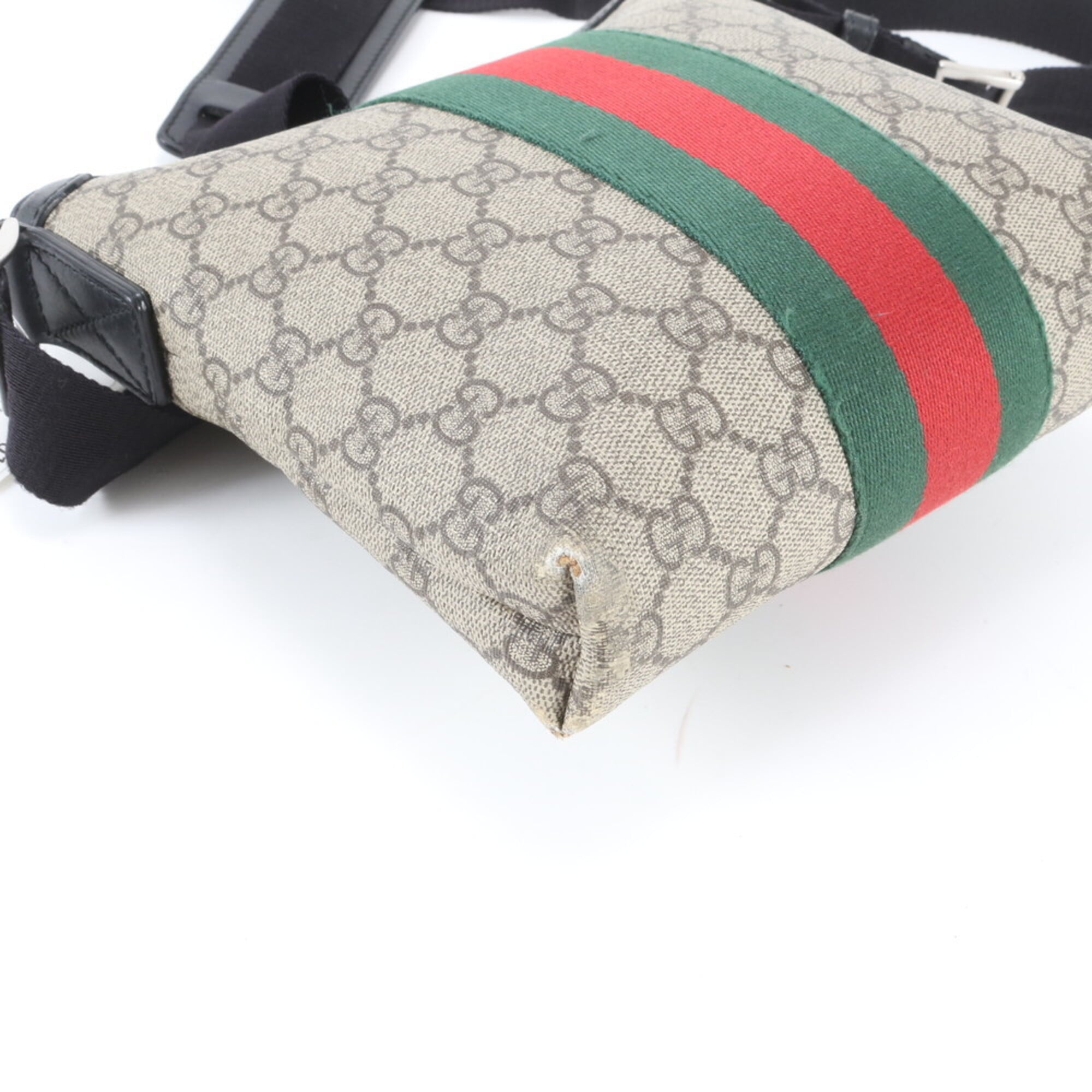 Gucci Beige Black Red Color Leather Coated Canvas Messenger Bag Shoulder Bag (Pre-Owned)