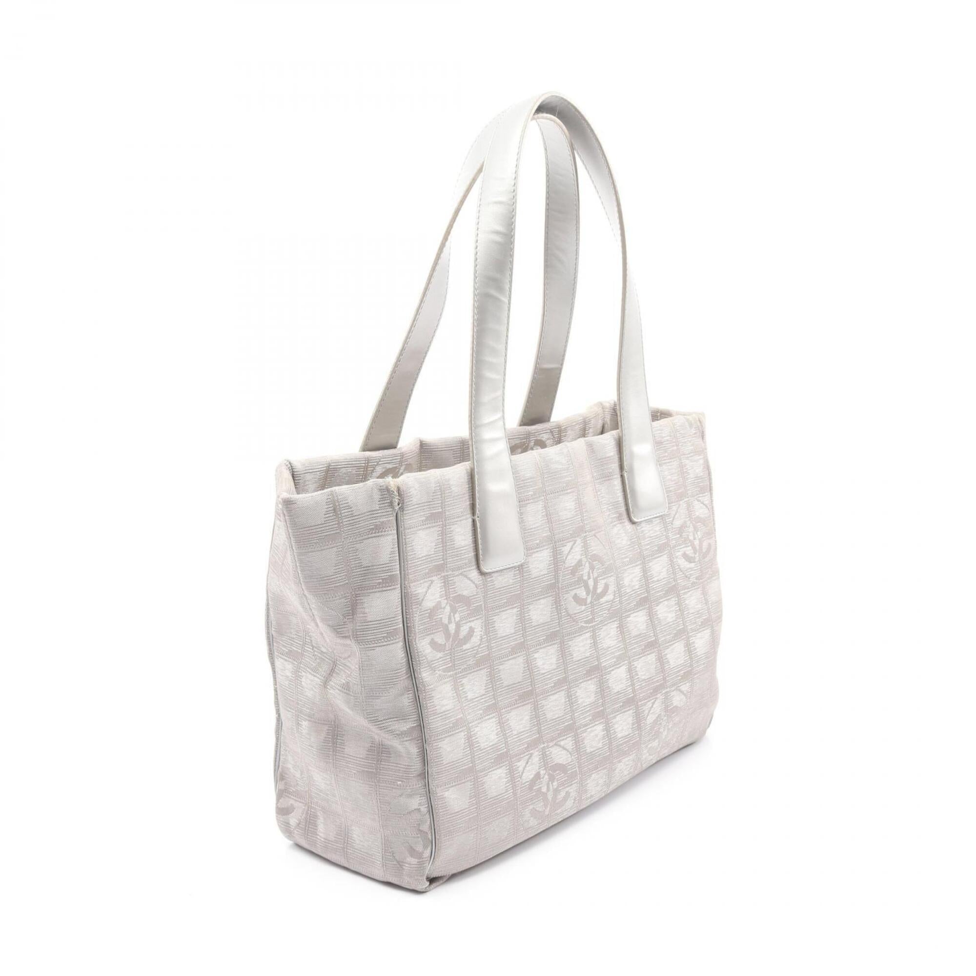 Chanel Gray Silver Leather Nylon Canvas Handbag Tote Bag