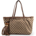 Gucci Gg Canvas Beige Brown Gg Canvas Leather Tote Bag (Pre-Owned)